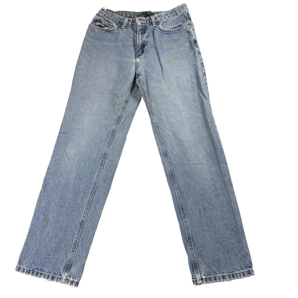 Lauren Jeans Co Ralph Lauren Womens 8P Blue Straight Leg Denim Jeans Crotch Tear